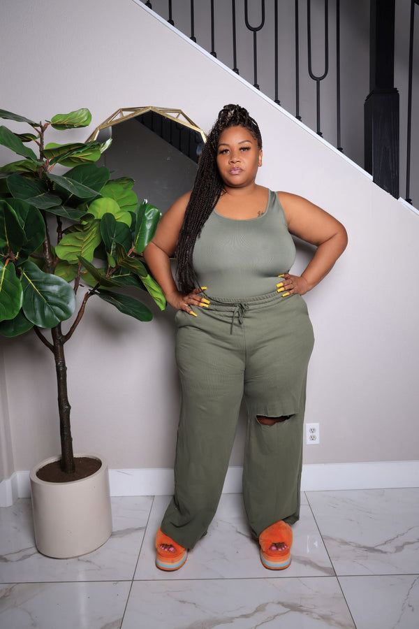 "Ready to Go" Basic Wide Leg Pant Set - Olive Green