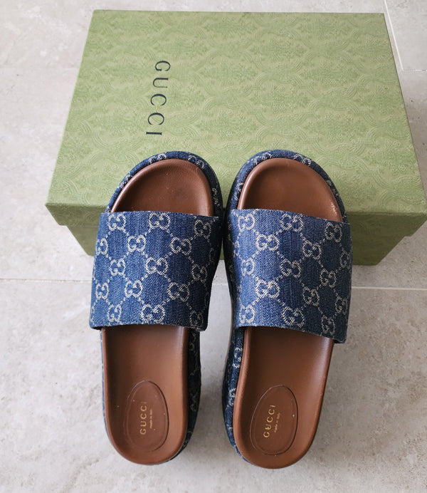Gucci GG Angelina Platform Denim Slide Sandal Size 41