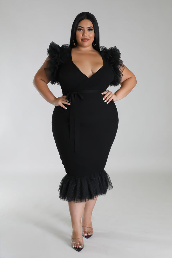"I Got Plans Today" Ruffle Tule Cocktail Dress - Black