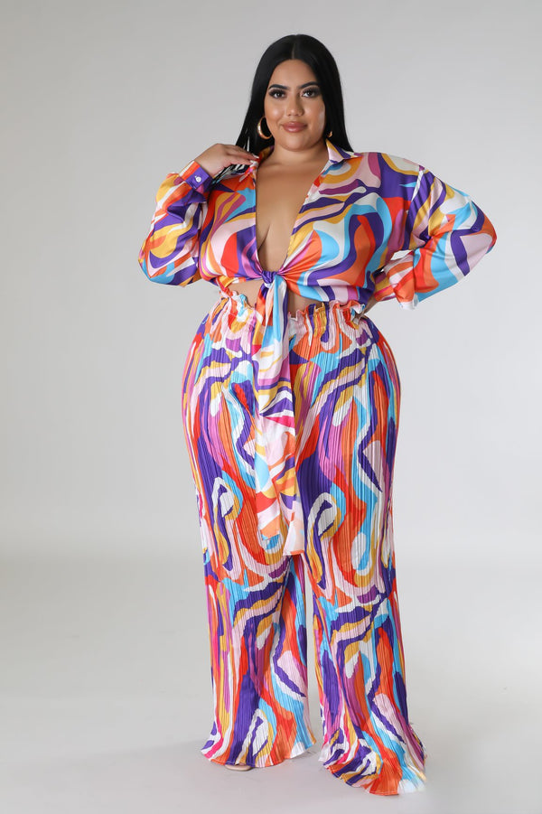 "Cassiy" Crinkle Pant Set - Multi Swirl Print