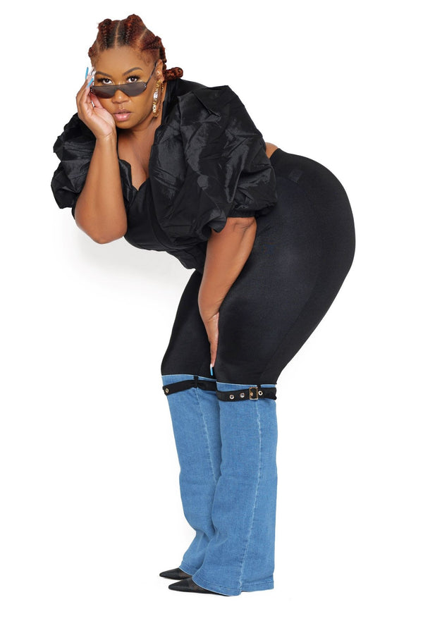 Plus Size "Get The Strap" Denim Shark Boot Legging -Black
