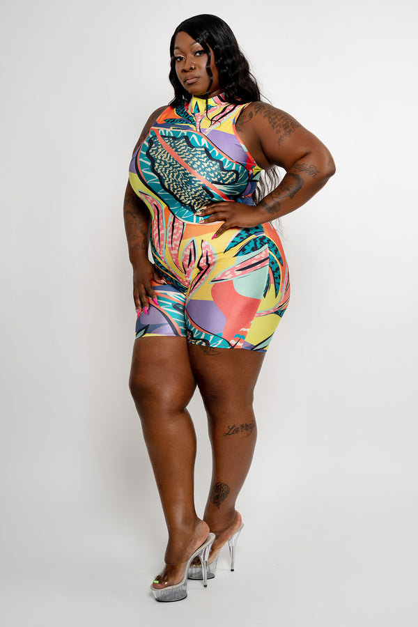 Plus Size "I see U" Mock Neck Print Romper - Yellow Green Orange Purlple Multi