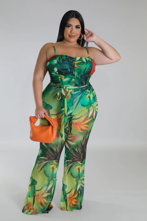 "Tucan Play That Game" Tropical Floral Jumpsuit - Green Multi