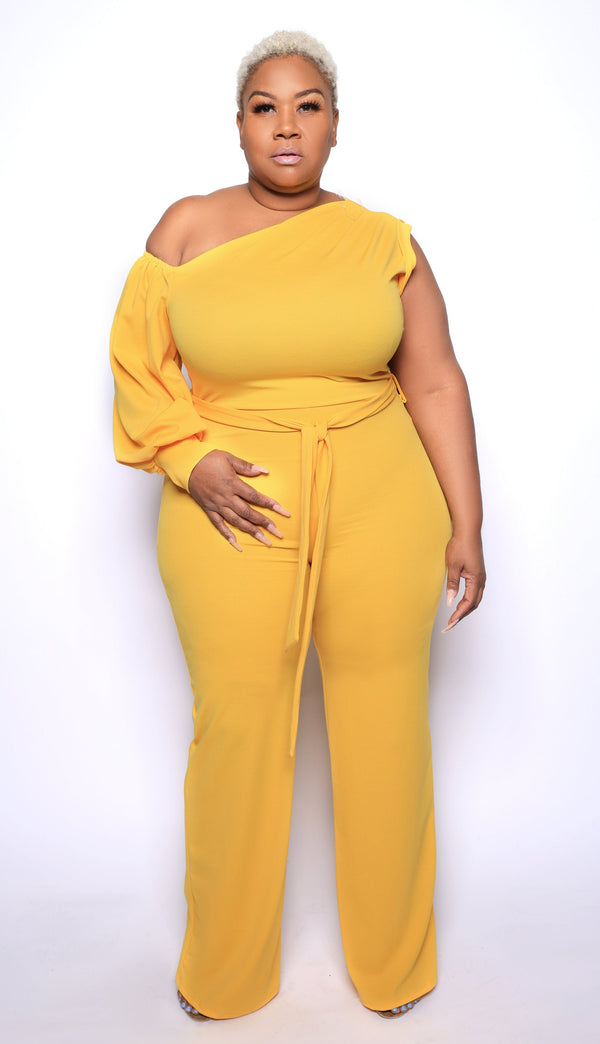 Plus Size "Heaven On Earth" One Sleeve Jumpsuit - Mango Yellow