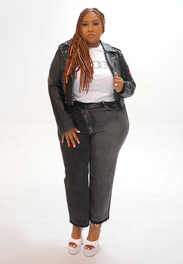 Plus Size "This Way That a Way" Criss Cross Crop Jeans - Multi Black Denim