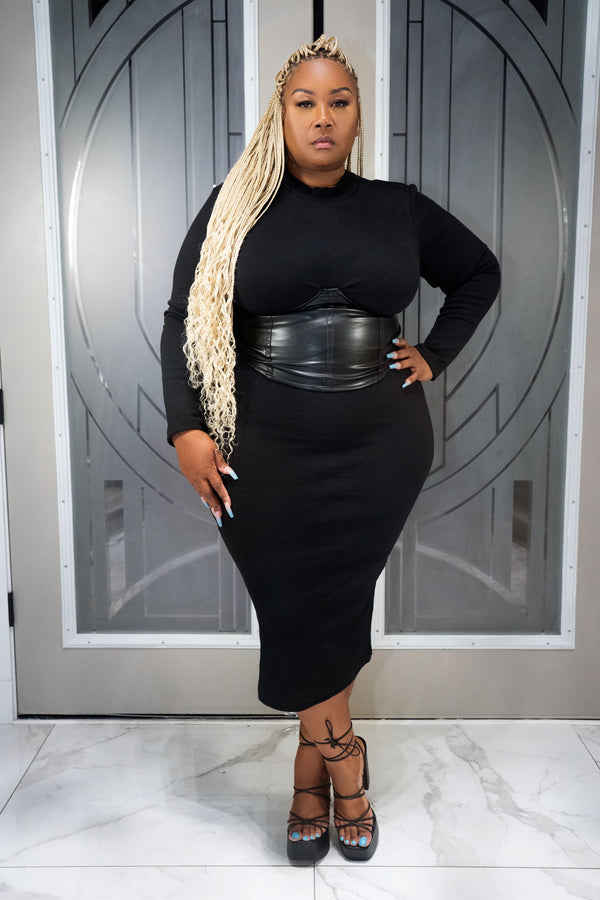 "Black is black" Ribbed Faux Leather Corset Dress - Black