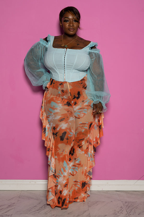 Plus Size "I Got a Thing 4 U" Mesh High Waist Ruffle Tie Dye Pants - Peach Multi