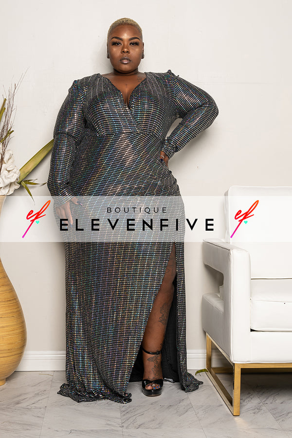 Plus Size "Mirror Ball" High Split Gown Dress - Pewter Metallic Silver