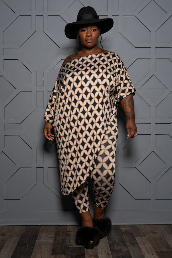 "Hat's Off to You" Long Top Pant Set - Black Ivory Circle Print