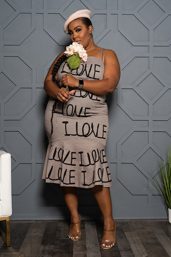 Plus Size "Milan" Flirty Print Dress -Tan Black