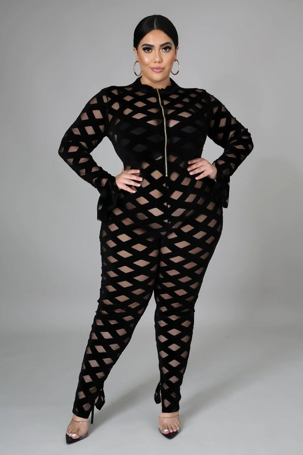 Plus Size "Window Pain" Mesh Burn Out Jumpsuit - Black