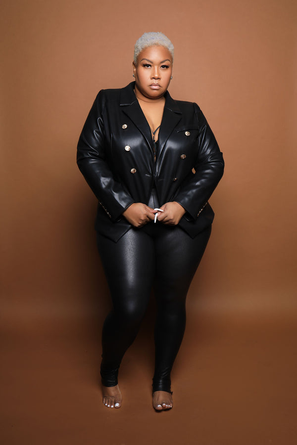 "I Call my Own Shots" Vegan Leather Gold Button Blazer - Black
